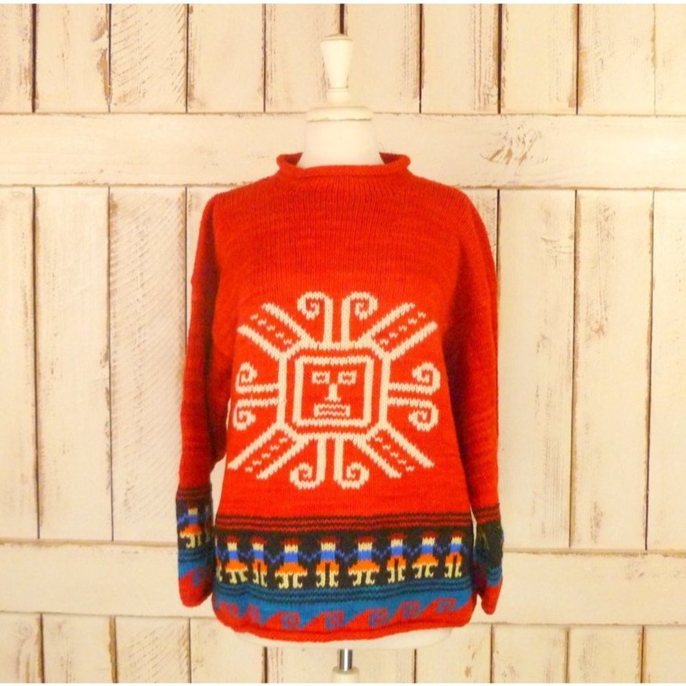 Vintage red chunky knit tribal sun sweater